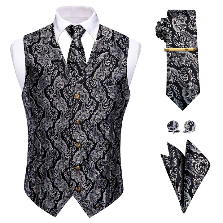 Black Silver Paisley Wedding Waistcoat Men's Vest Necktie Set