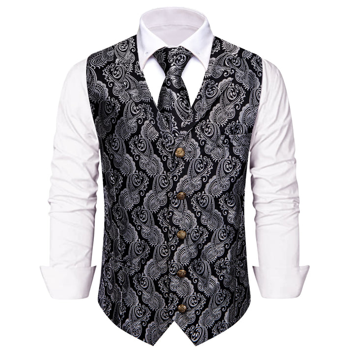 Black Silver Paisley Wedding Waistcoat Men's Vest Necktie Set