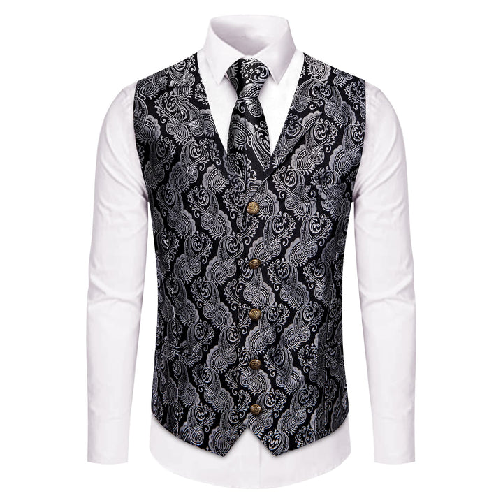 Black Silver Paisley Wedding Waistcoat Men's Vest Necktie Set