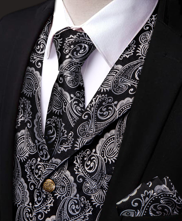 Black Silver Paisley Wedding Waistcoat Men's Vest Necktie Set