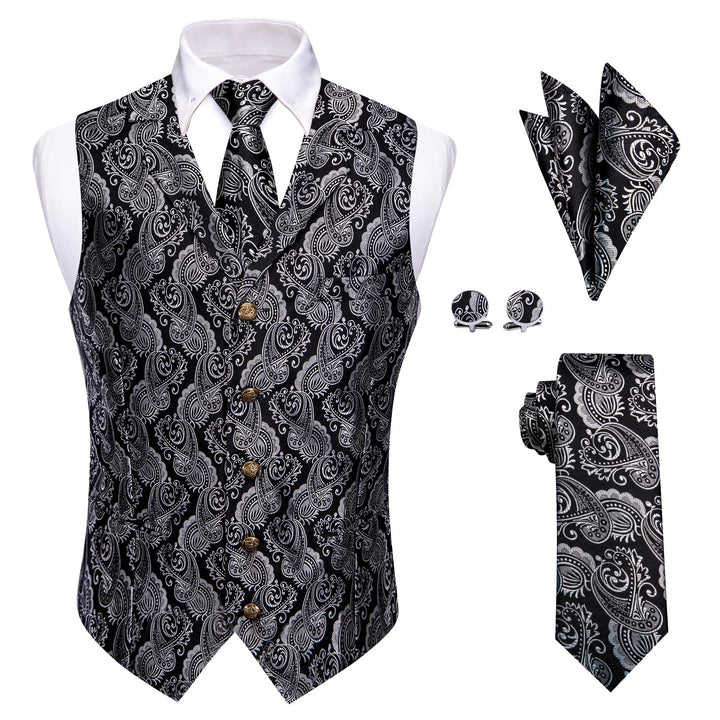 Black Silver Paisley Wedding Waistcoat Men's Vest Necktie Set