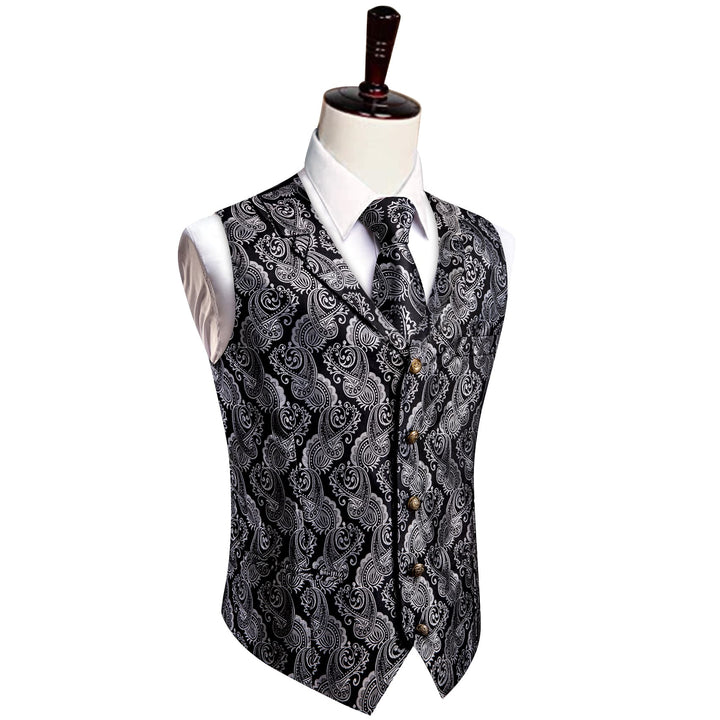 Black Silver Paisley Wedding Waistcoat Men's Vest Necktie Set