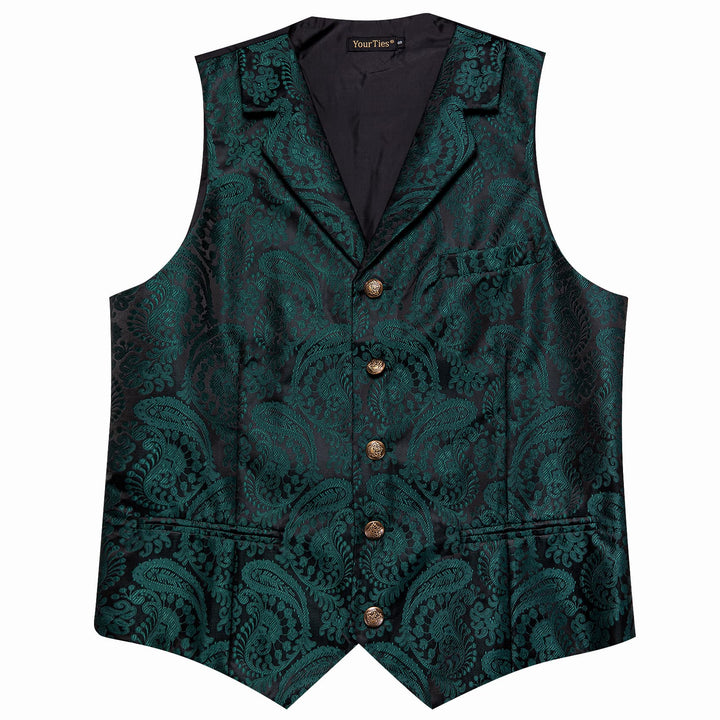  Black Green Paisley Wedding Waistcoat Silk Vest Necktie Set