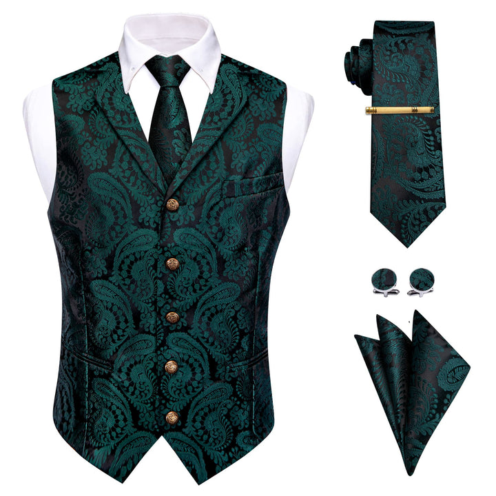  Black Green Paisley Wedding Waistcoat Silk Vest Necktie Set