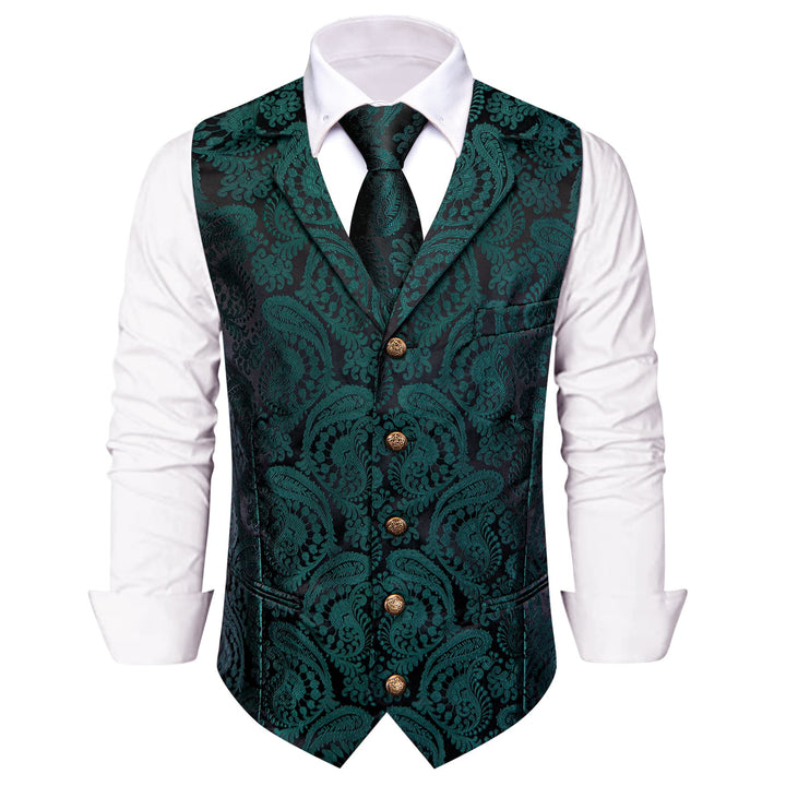  Black Green Paisley Wedding Waistcoat Silk Vest Necktie Set