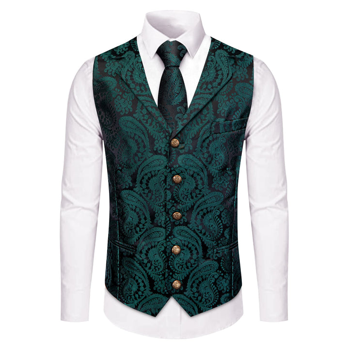  Black Green Paisley Wedding Waistcoat Silk Vest Necktie Set