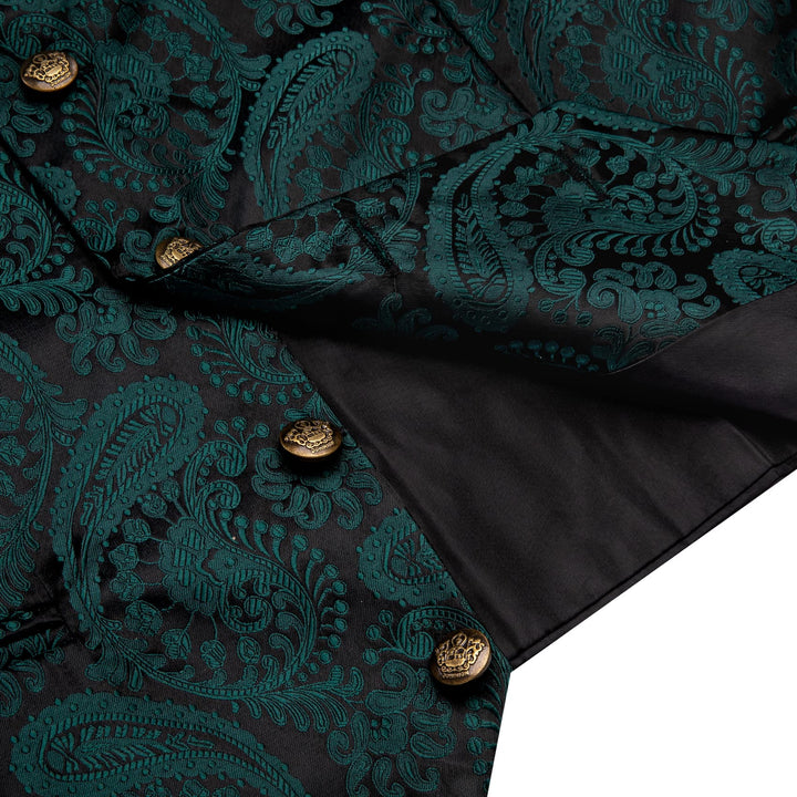  Black Green Paisley Wedding Waistcoat Silk Vest Necktie Set