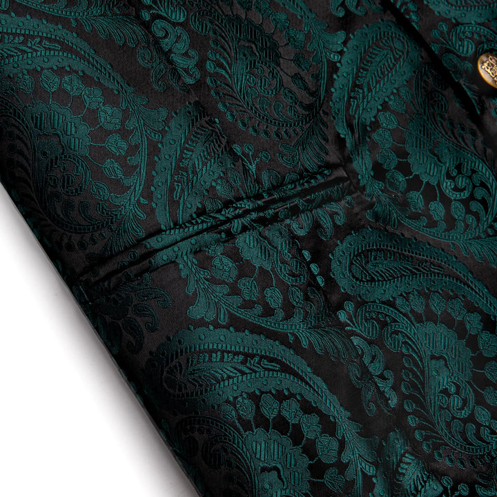  Black Green Paisley Wedding Waistcoat Silk Vest Necktie Set