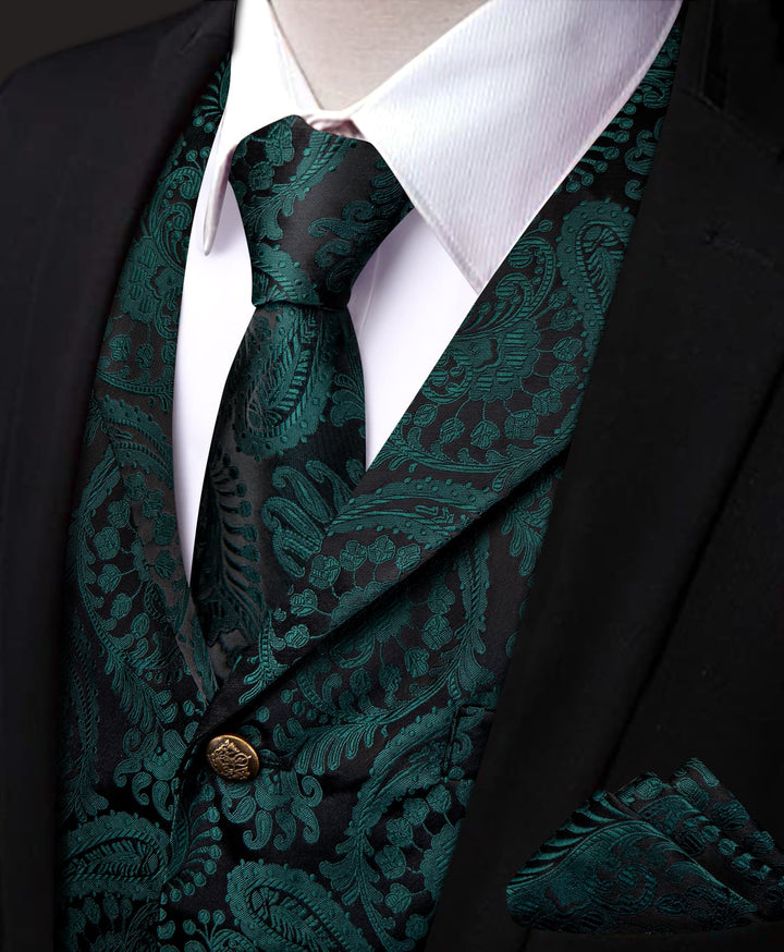  Black Green Paisley Wedding Waistcoat Silk Vest Necktie Set