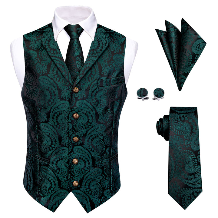  Black Green Paisley Wedding Waistcoat Silk Vest Necktie Set