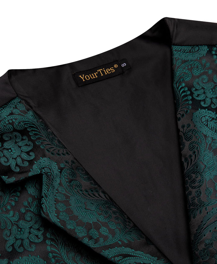  Black Green Paisley Wedding Waistcoat Silk Vest Necktie Set