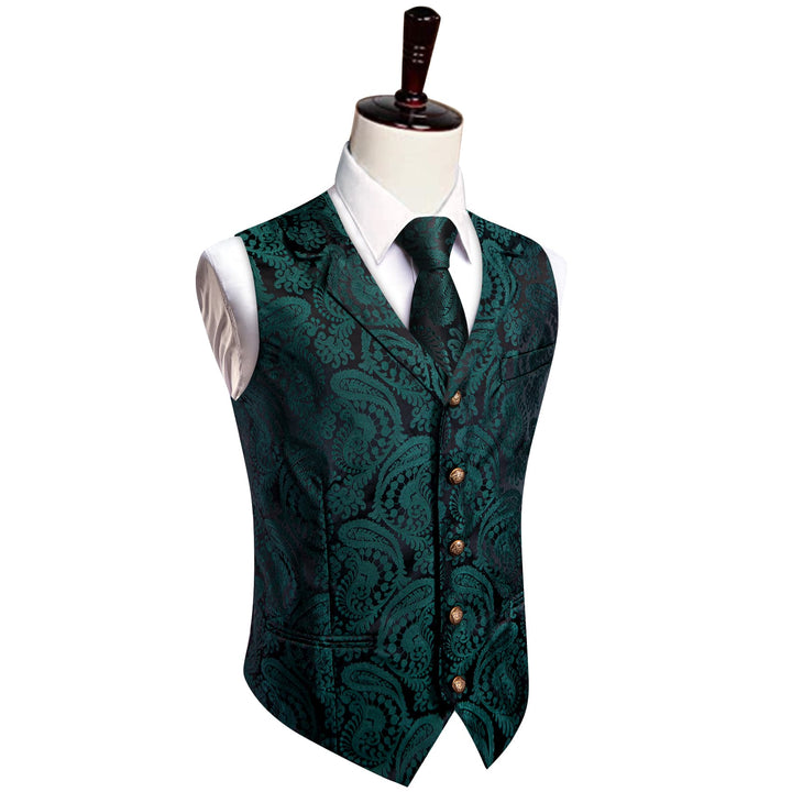  Black Green Paisley Wedding Waistcoat Silk Vest Necktie Set