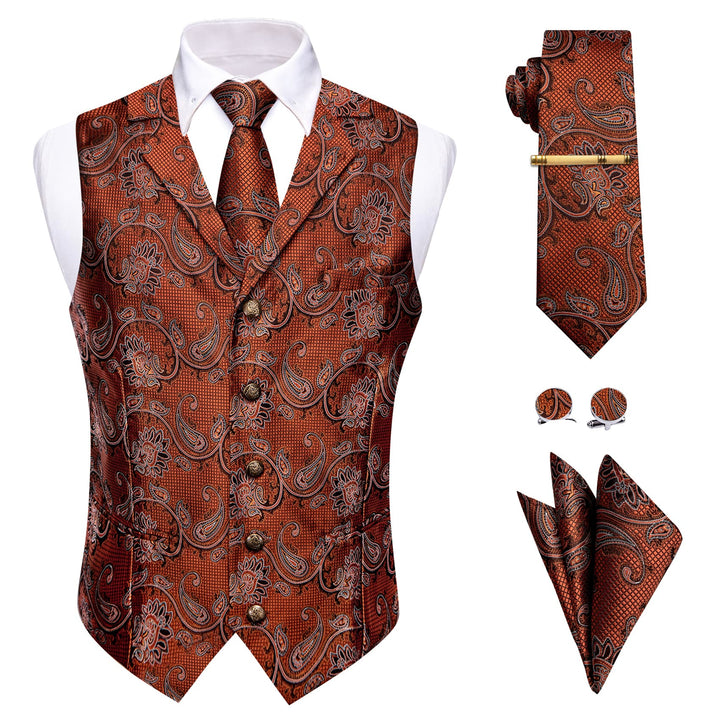  Rust Orange Paisley Wedding Waistcoat Silk Vest Necktie Set