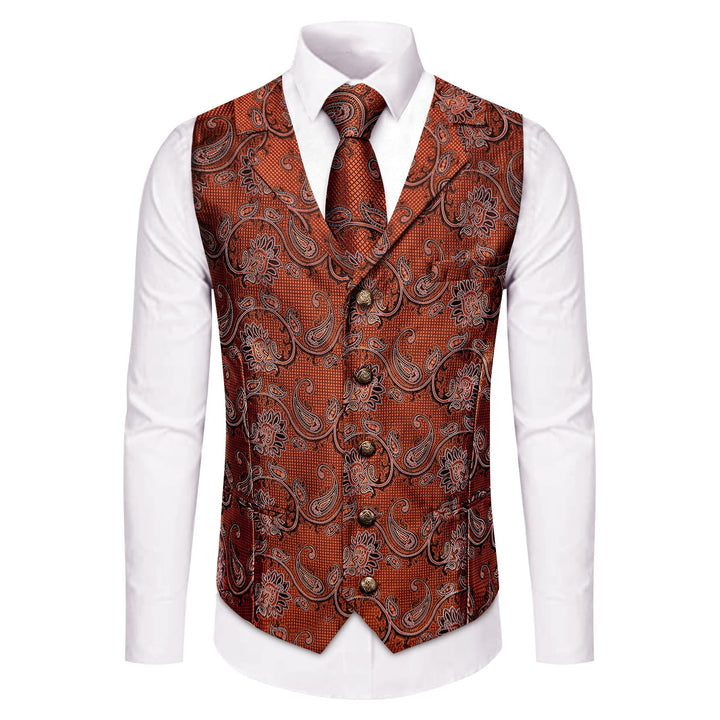  Rust Orange Paisley Wedding Waistcoat Silk Vest Necktie Set