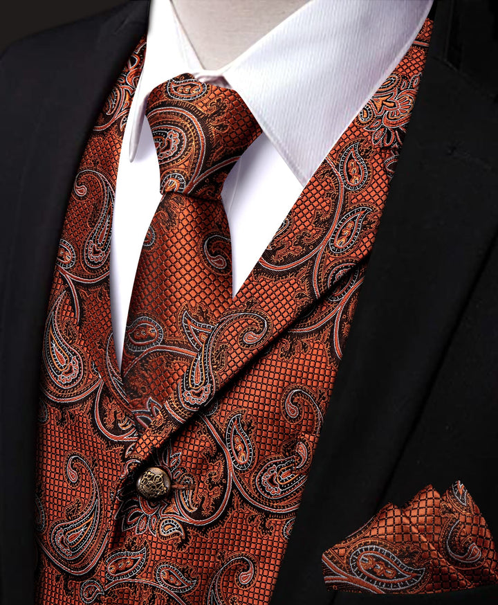  Rust Orange Paisley Wedding Waistcoat Silk Vest Necktie Set