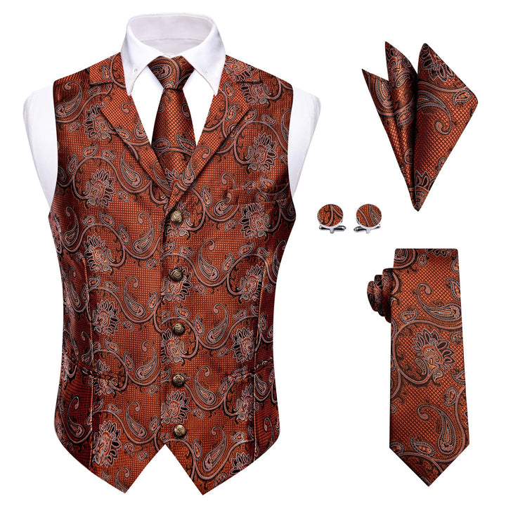  Rust Orange Paisley Wedding Waistcoat Silk Vest Necktie Set