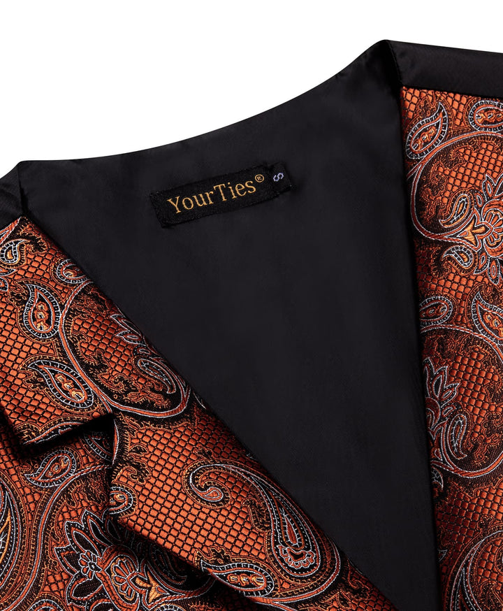  Rust Orange Paisley Wedding Waistcoat Silk Vest Necktie Set