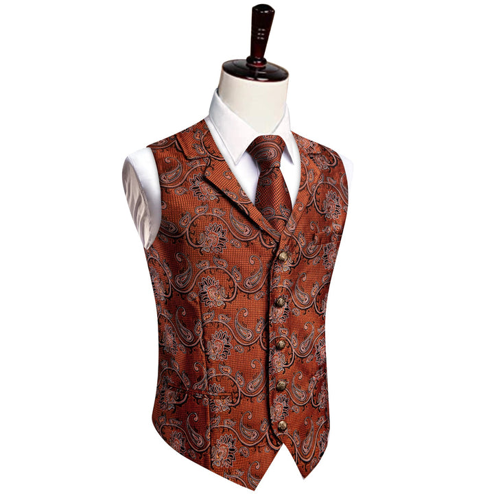  Rust Orange Paisley Wedding Waistcoat Silk Vest Necktie Set