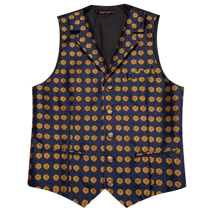 Deep Blue Wedding Waistcoat Yellow Floral Vest Necktie Set