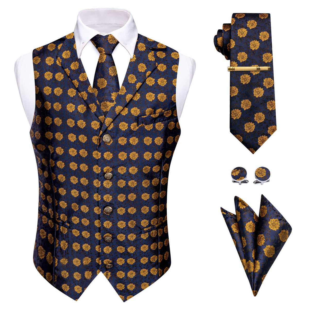 Deep Blue Wedding Waistcoat Yellow Floral Vest Necktie Set