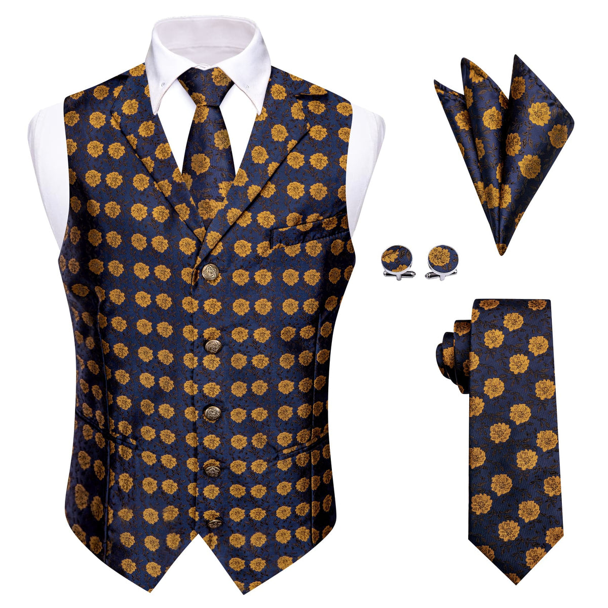 Deep Blue Wedding Waistcoat Yellow Floral Vest Necktie Set