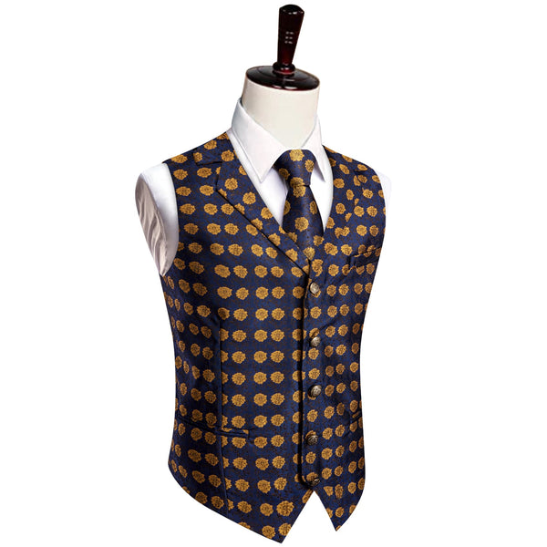 Deep Blue Wedding Waistcoat Yellow Floral Vest Necktie Set