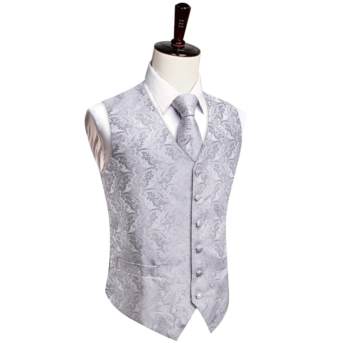 YourTies Silver Grey V-Neck Waistcoat Mens Paisley Vest Necktie Set