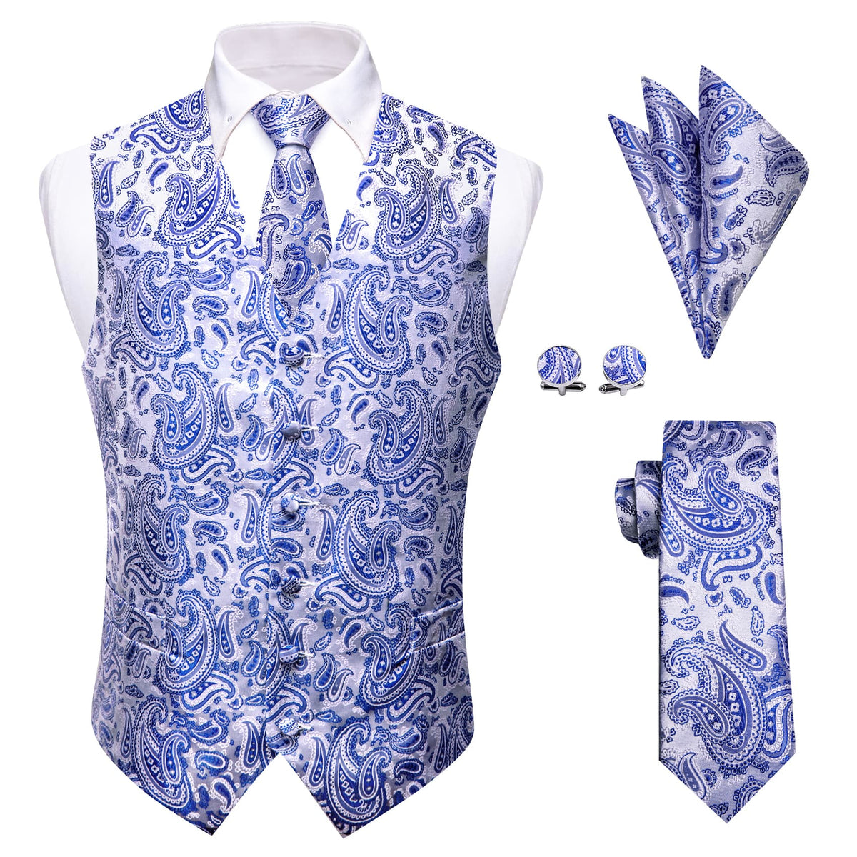 YourTies Sky Blue V-Neck Waistcoat Mens Silk Paisley Vest Necktie Set