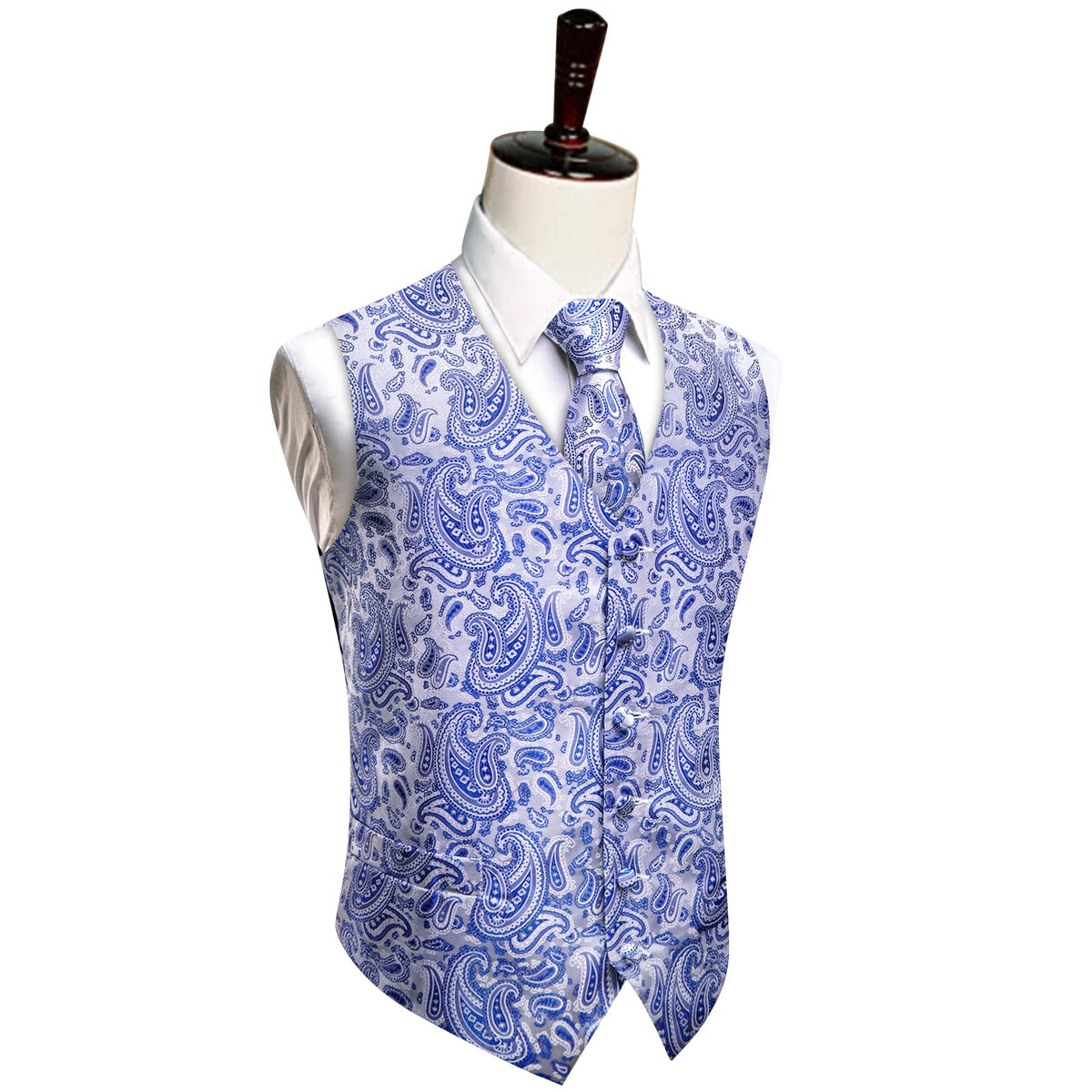 YourTies Sky Blue V-Neck Waistcoat Mens Silk Paisley Vest Necktie Set