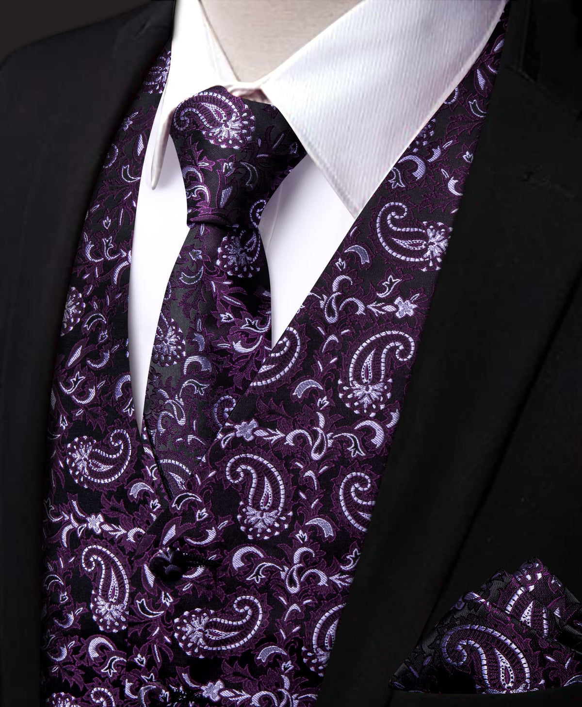 YourTies Dark Purple V-Neck Waistcoat Mens Paisley Vest Necktie Set