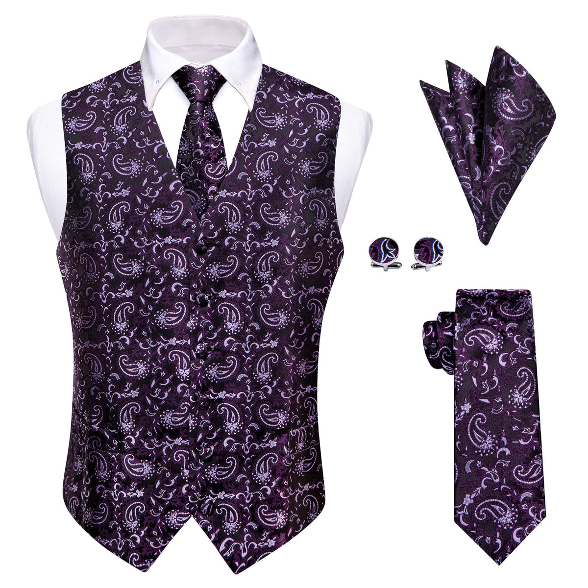 YourTies Dark Purple V-Neck Waistcoat Mens Paisley Vest Necktie Set