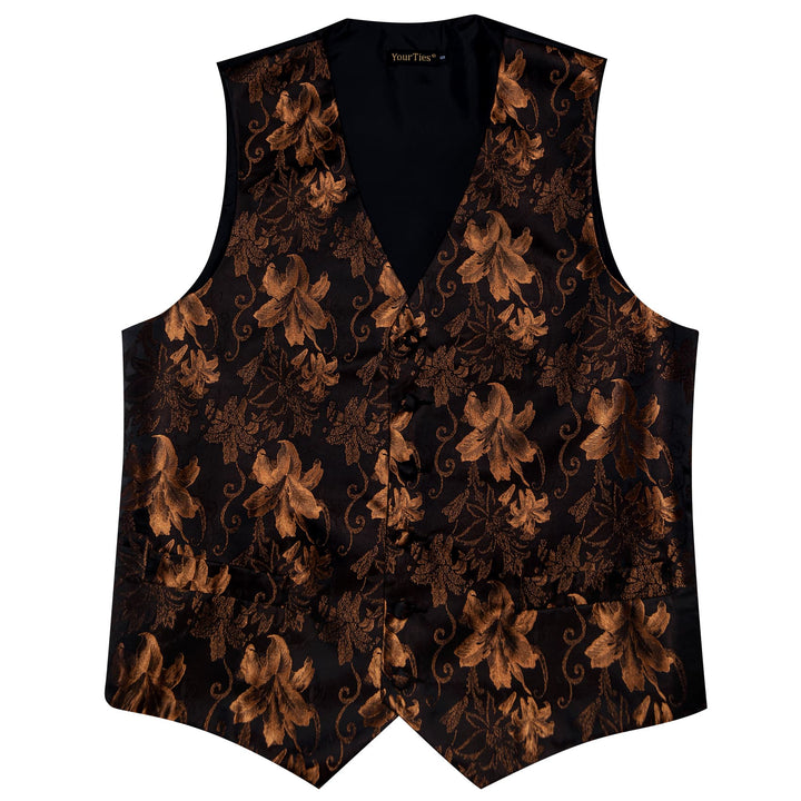 Black Brown V-Neck Waistcoat Mens Floral Vest Necktie Set