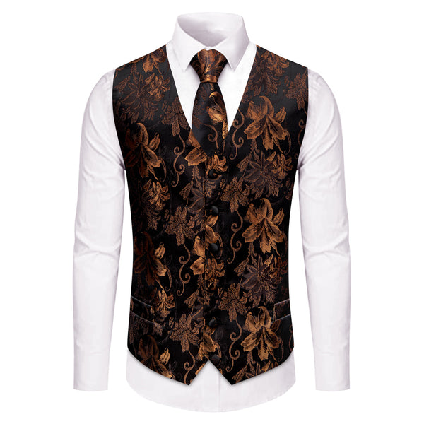 YourTies Black Brown V-Neck Waistcoat Mens Floral Vest Necktie Set