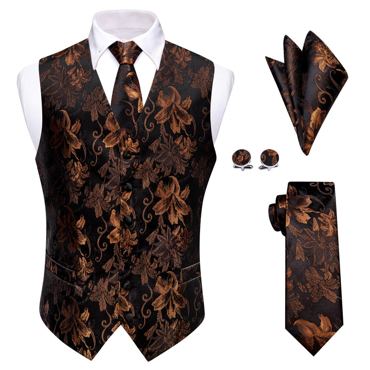 Black Brown V-Neck Waistcoat Mens Floral Vest Necktie Set