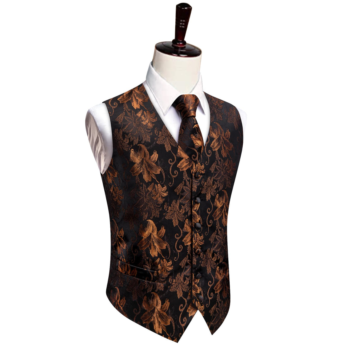 Black Brown V-Neck Waistcoat Mens Floral Vest Necktie Set