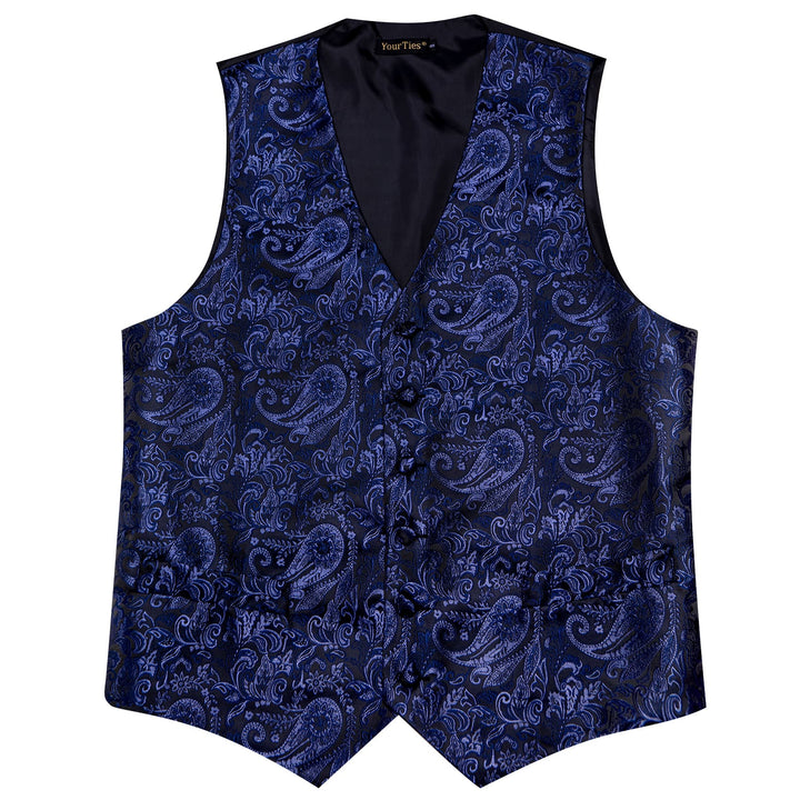 Blue Purple V-Neck Waistcoat Men Silk Paisley Vest Tie Set