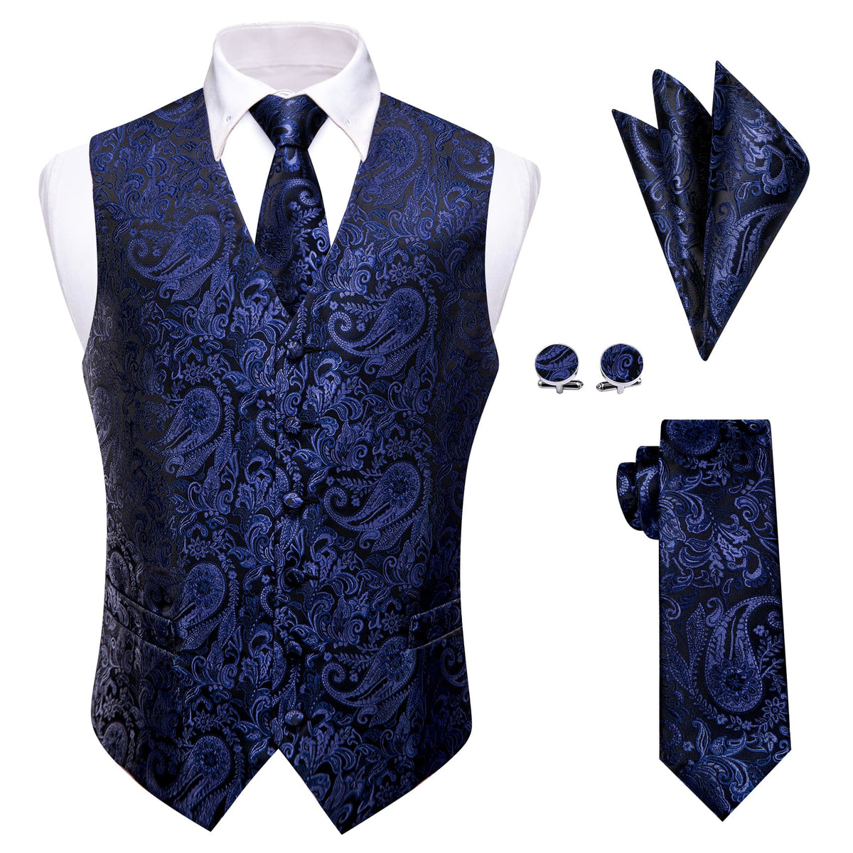 Blue Purple V-Neck Waistcoat Men Silk Paisley Vest Tie Set