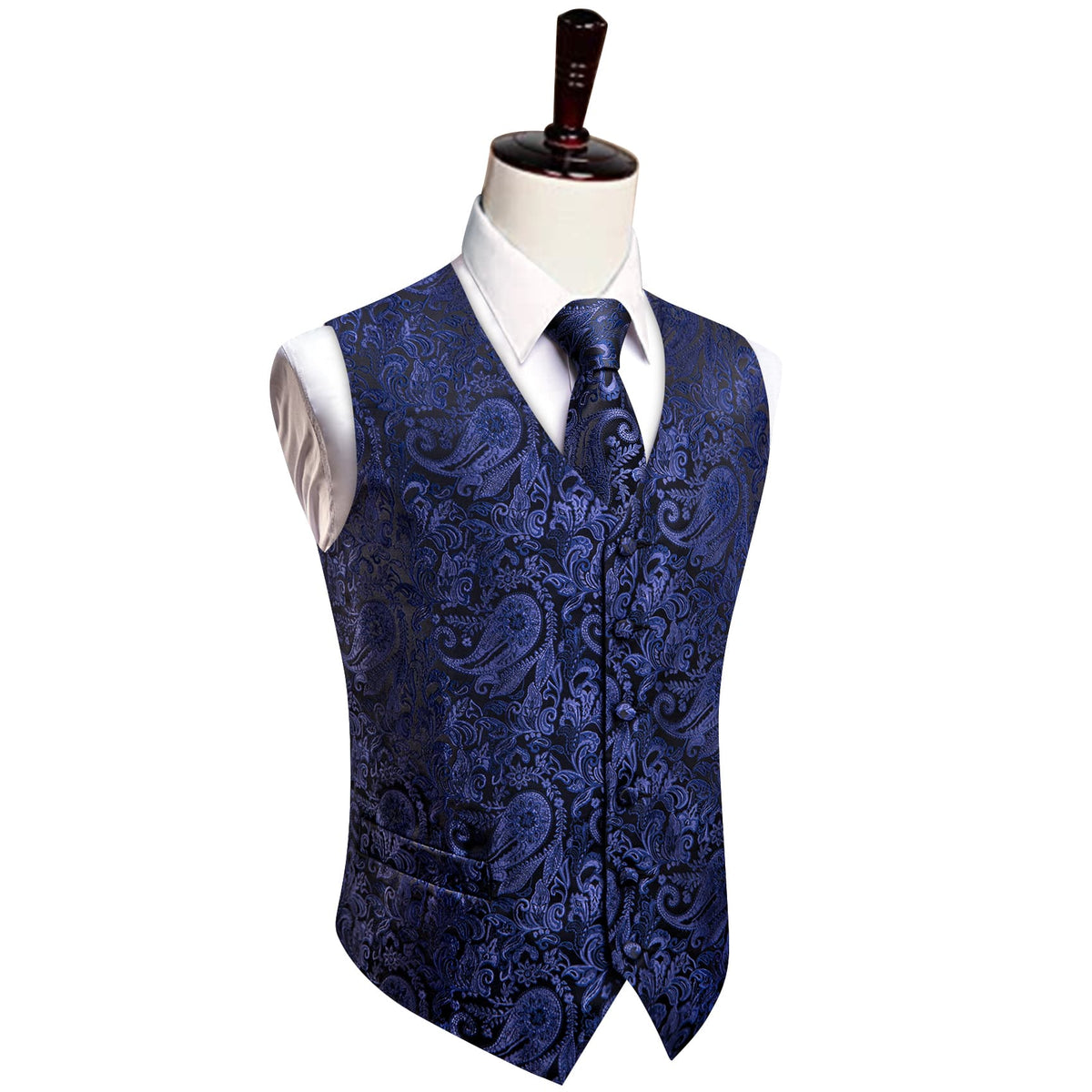 Blue Purple V-Neck Waistcoat Men Silk Paisley Vest Tie Set