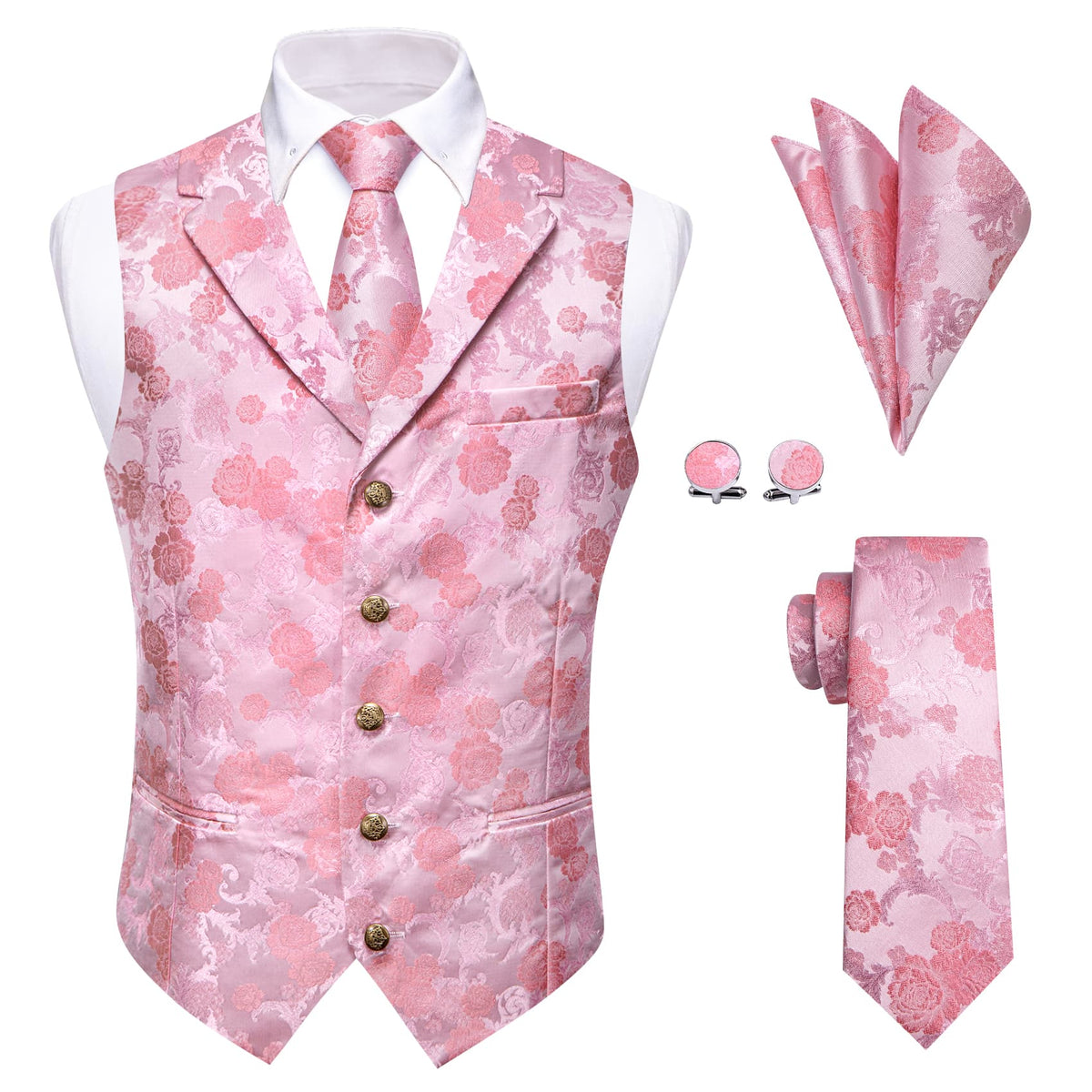 YourTies Light Pink V-Neck Waistcoat Men Silk Floral Vest Necktie Set