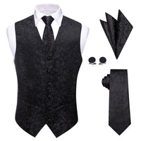 YourTies Black Floral Silk Men's Notched Lapel Vest Necktie Hanky Cufflinks Set