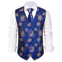 YourTies Blue Floral Silk Men's Vest Necktie Hanky Cufflinks Set