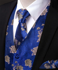 YourTies Blue Floral Silk Men's Vest Necktie Hanky Cufflinks Set