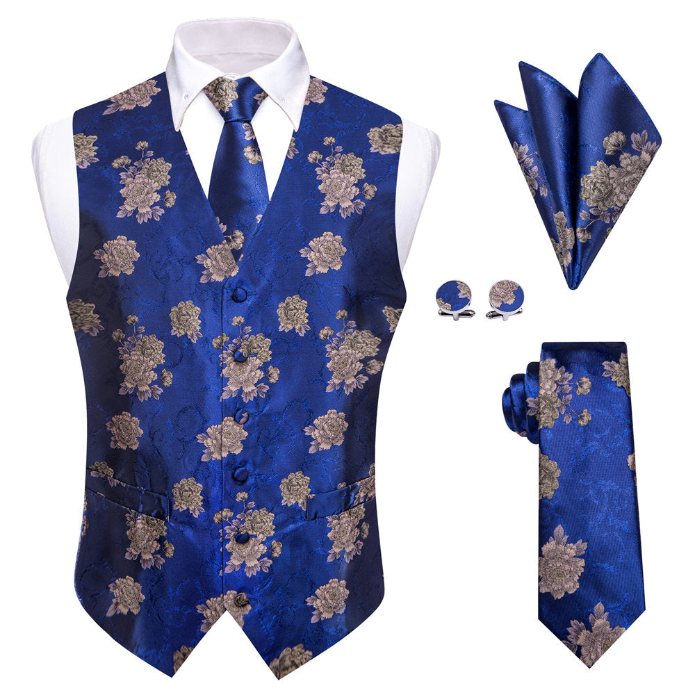 YourTies Blue Floral Silk Men's Vest Necktie Hanky Cufflinks Set