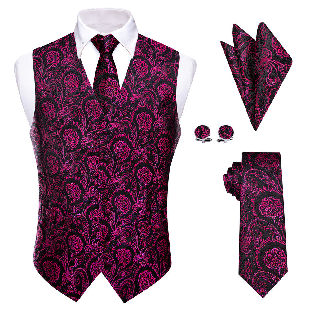 YourTies Tyrian Purple Floral Silk Men's Vest Necktie Hanky Cufflinks Set