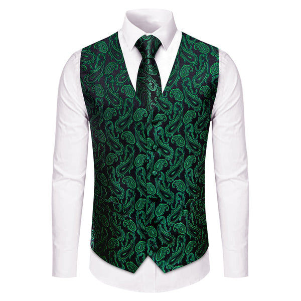 YourTies Green Paisley Silk Mens Waistcoat Necktie Hanky Cufflinks Set