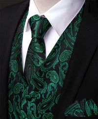 YourTies Green Paisley Silk Mens Waistcoat Necktie Hanky Cufflinks Set