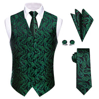 YourTies Green Paisley Silk Mens Waistcoat Necktie Hanky Cufflinks Set