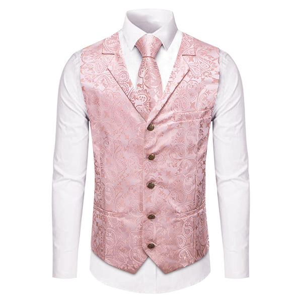 YourTies Baby Pink Paisley Silk Notched Lapel Waistcoat Necktie Set for Men