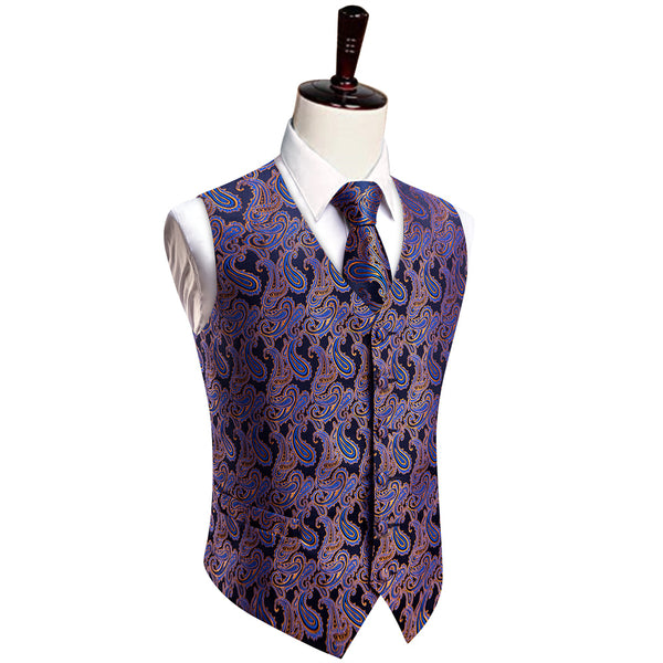 YourTies Black Blue Paisley Pattern Waistcoat Vest Necktie Set for Men