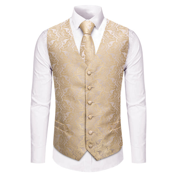 YourTies Champagne Paisley Pattern Waistcoat Vest Necktie Set for Men